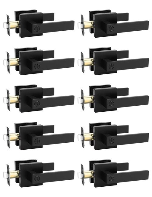 Tinewa 10 Pack Square Privacy Door Levers Locksets in Matte Black Finish, Bed/Bath Door Levers Keyless Interior Handles,Reversible for Left Right Handed Doors