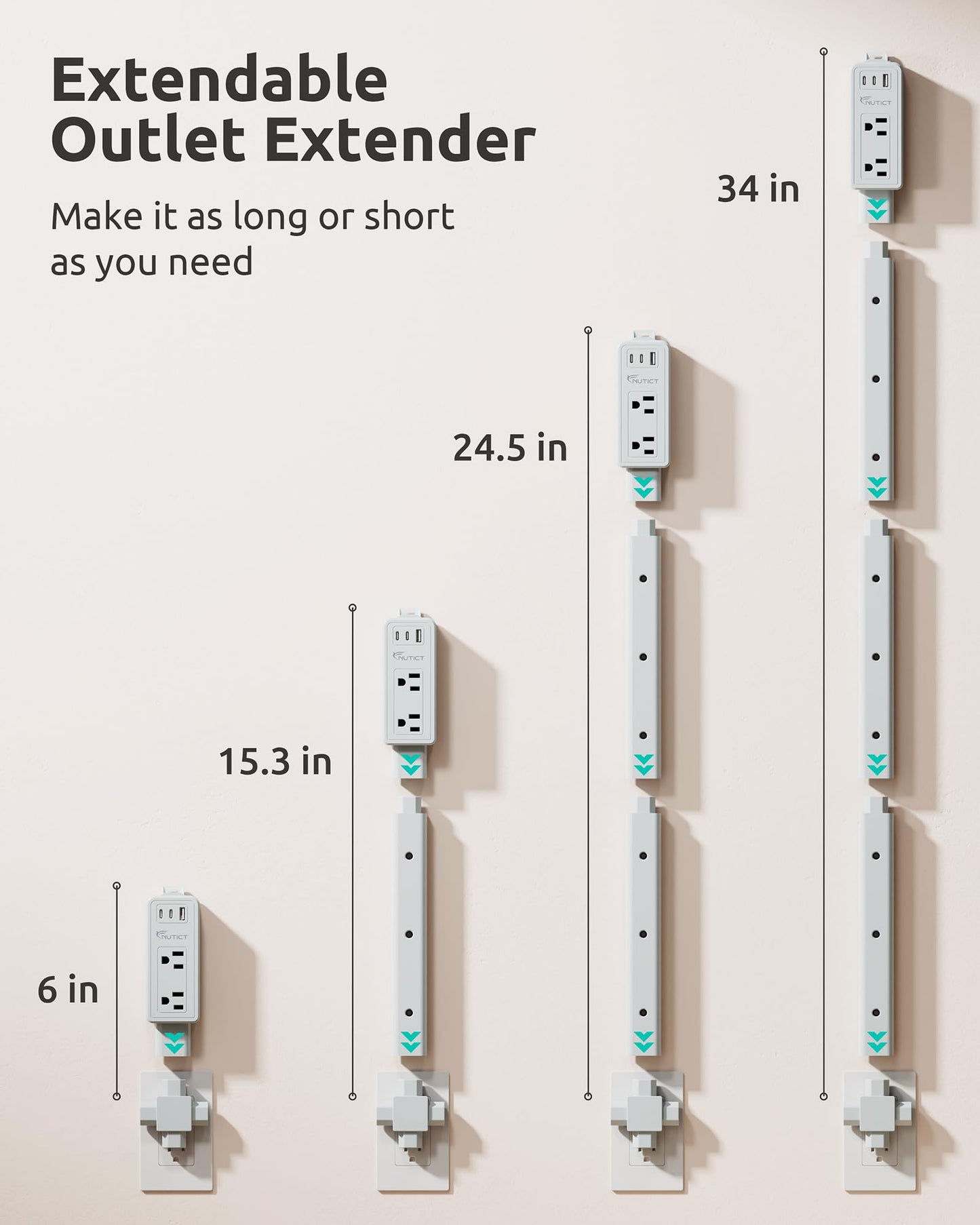 NUTICT Electrical Outlet Extender Stick, 2 AC Outlets & 2 USB-C & 1 USB-A Port, Flexible Extends 6"-34", Hide Behind Couches, Nightstands, Beds, Desks, Grey