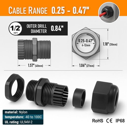 MGI SpeedWare 1/2" NPT Strain Relief Nylon Cord Grip Cable Glands, Black Plastic Grommet 20-Pack