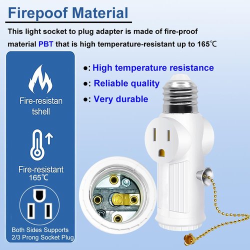 Light Socket Outlet Adapter,E26/E27 Light Bulb Outlet Socket Adapter,3 Prong Outlet Adapter with Bulb Control Switch,Polarized Light Bulb Socket Splitter,White,2 Pack