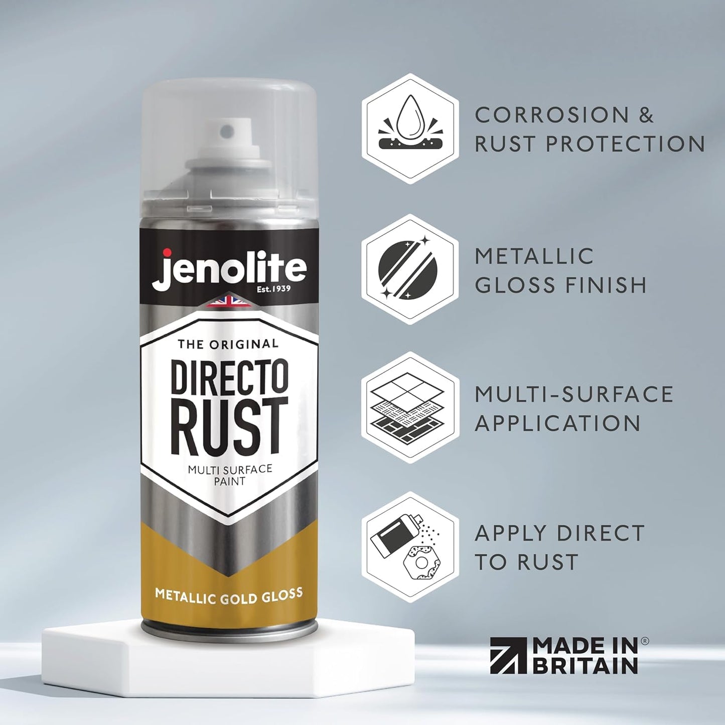 JENOLITE Directorust Spray Paint for Metal - GOLD - Metallic Gloss Finish for Indoor and Outdoor use - Multi-Surface for Metal, Plastic, Ceramic, Wood & Rusted Surfaces - 400ml (13.52fl oz)
