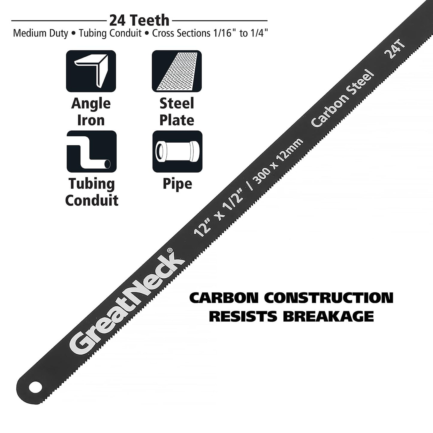 GreatNeck GF213 12-Inch Hacksaw Blades, 24 TPI, Flexible Steel with Hardened Teeth, Standard Replacement for Metal Cutting, Fits Most 12" Adjustable Hacksaws, Shatterproof Design, 2-Pack