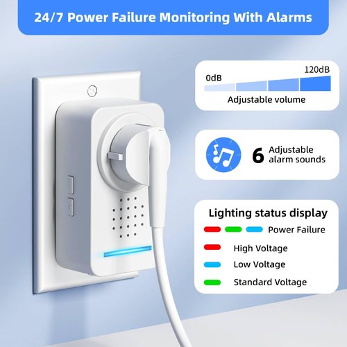 Power Failure Alarm, Super Loud 0-120dB Adjustable 6 Siren Power Outage Alarm for Freezer 12H Alert & HV/LV Alert for Freezer,Fridge, Basement,Garage