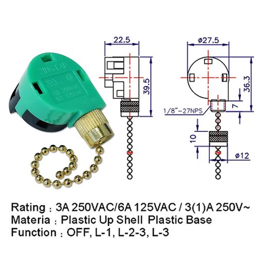 Aginkgo Zing Ear ZE-268S6 ZE-208S6 Switch 3 Speed Pull Chain Control Brass Replacement for Ceiling Fan Light, Wall Lamps, Cabinet Light, 3pcs