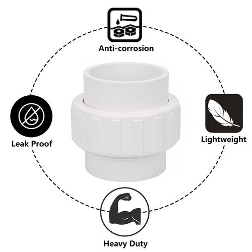 2 Pack 2" PVC Union Coupling Pipe Fitting (Socket x Socket) 2 Inch PVC Slip Union PVC Adapter Coupling Schedule 40, EPDM O-Ring, White