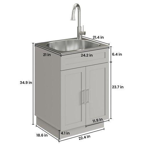 ANCTOR 24 Inch Laundry Sink with Cabinet, Stainless Steel Utility Sink Cabinet with Pull-Out Hot/Cold Faucet Metal Hooks Freestanding Deep Utility Sink for Laundry Utility Room Kitchen Garage
