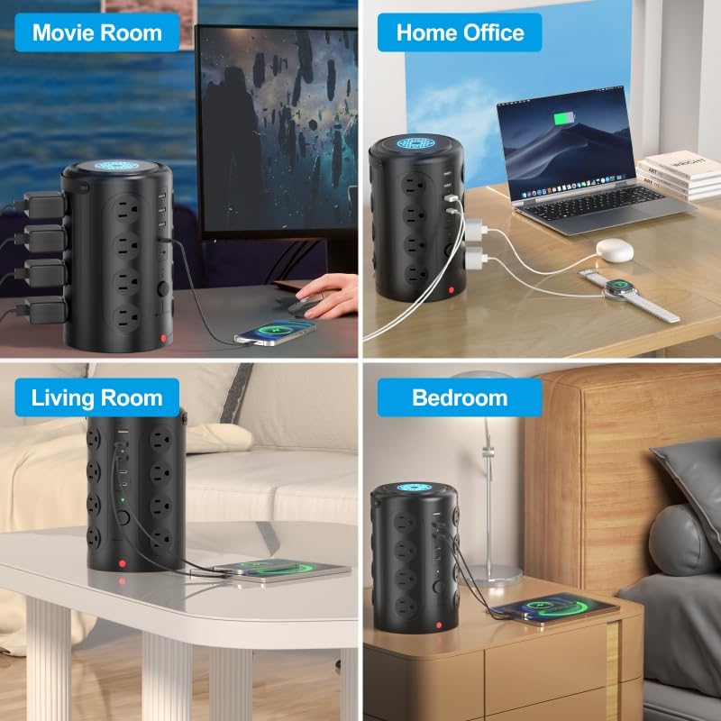 UWIWUTEI 6FT Black Power Strip Tower Surge Protector with 16 Outlets & 5 USB Ports