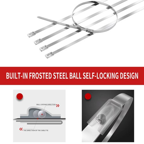 Metal Zip Ties 11.8 inch 100pcs 304Stainless steel Heavy duty Multi-purpose Self-locking Cable Ties Suitable for in machinery, vehicles, farms, pipes, roofs,cables, as well as Outdoor binding