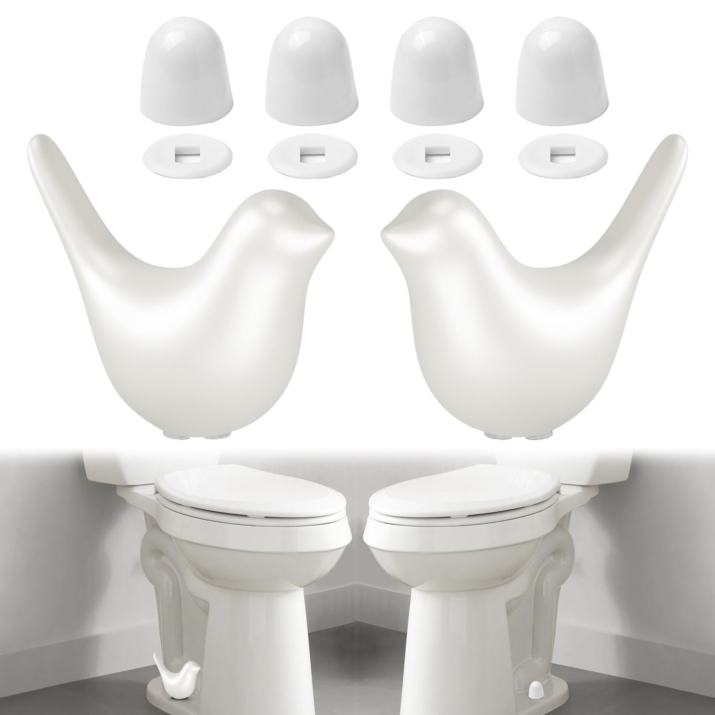 MENNTY 2Packs Ceramic White Birds Toilet Bolt Covers & 4Packs Universal Toilet Bolt Caps, Cute Bathroom Decorative Toilet Floor Screw Cover Caps Easy Installation