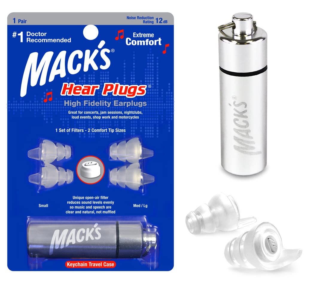 Mack's High Fidelity Ear Plugs for Concerts, Musicians, Motorcycles, Noise Sensitivity - 1 Pair (2 Comfort Tip Sizes) - Clear Hear Plugs with Case