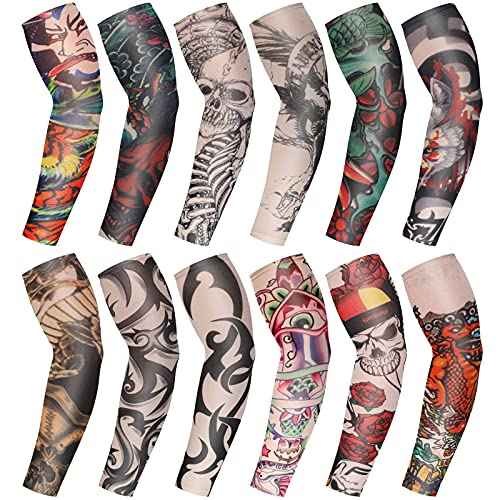 Geyoga 12 Pcs Tattoo Sleeves Fake Arm Sleeves Cover Realistic Soft Elasticity UV Protection for Men Women Working(One Size)