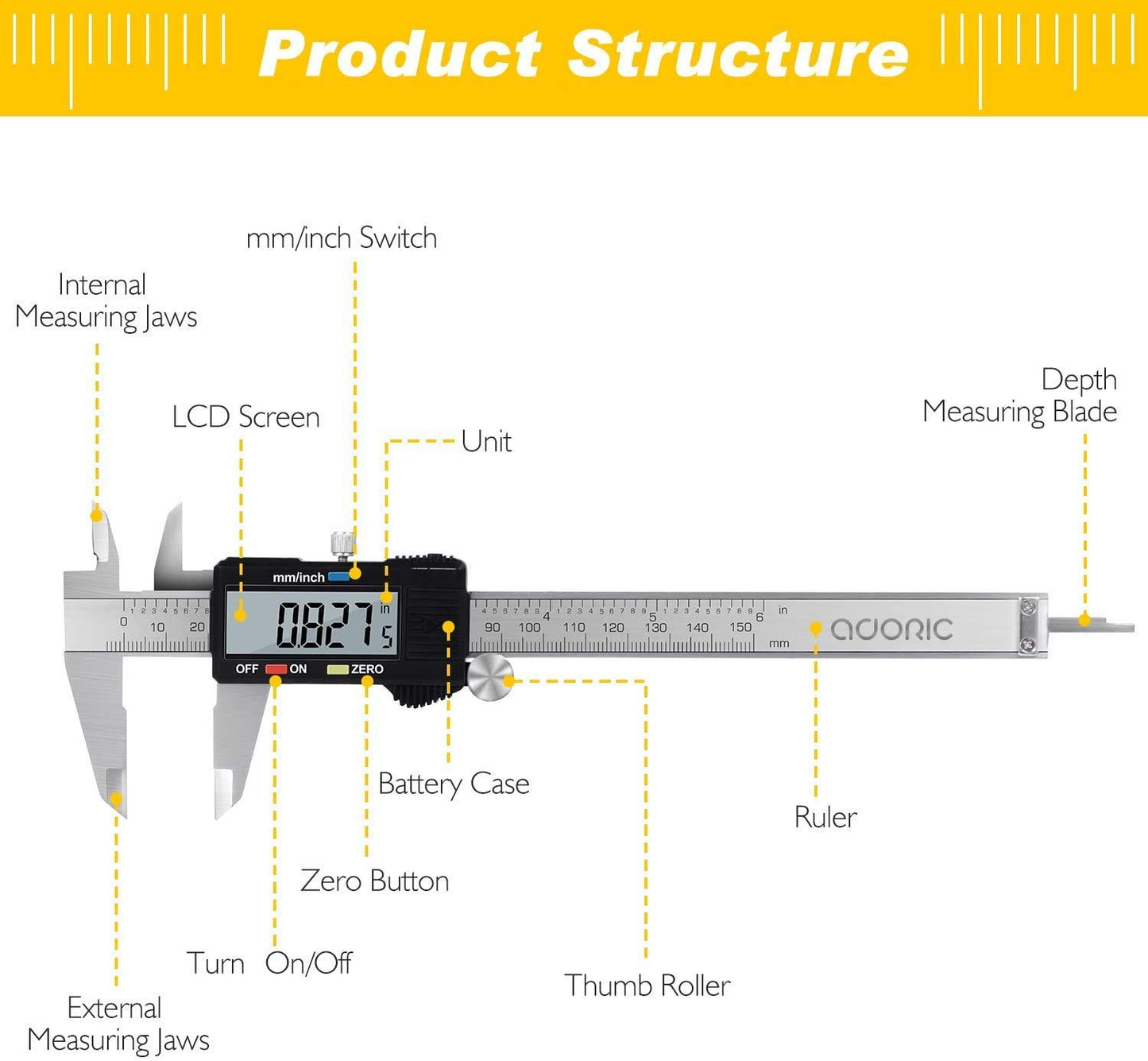 Adoric Digital Caliper, Electronic Digital Caliper Stainless Steel Body with Large LCD Screen | 0-6 Inches | Inch/Millimeter Conversion