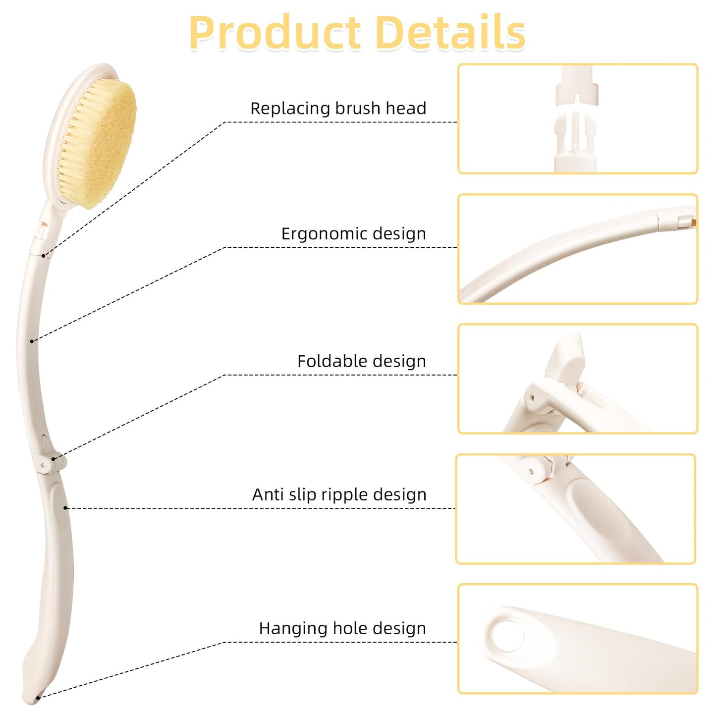 LFJ 19" Long Handle Shower Sponge Brush Set, 3 in 1 Body Brush, Bath Sponge and Lotion Applicator Improved Skin Health, Suitable for Men and Women (White Brush-1P)
