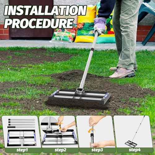 Updated Lawn Leveling Rake with Aluminum Rollers, Stainless Steel 17"x10" Levelawn Tool , Heavy-Duty Lawn Leveler with 70" Extended Handle, Yard Leveling Rake Suit for Garden, Golf Lawn, Farm
