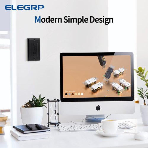 ELEGRP Decorator Receptacle, 15A 125V Standard Electrical Wall Outlet, 2 Pole 3 Wire, Non-Tamper Resistant, NEMA 5-15R, Self-Grounding Residential Grade, w/Wall Plate, UL (Glossy Black, 10 Pack)