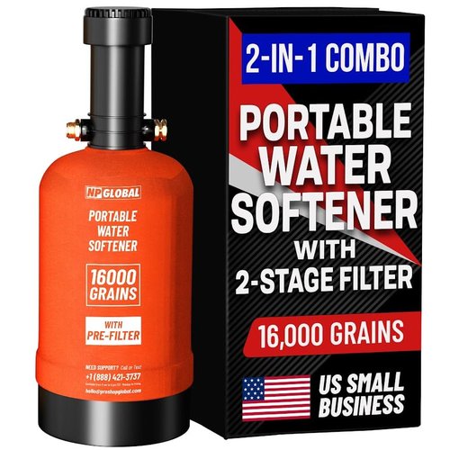 RV Water Softener Portable with Integrated 2 Stage Water Filter System - 16,000 Grain, 3/4" GHT Fittings, Convenient Water Softener for RVs, Trailers, Boats, Mobile Car Washing, Pressure Washing