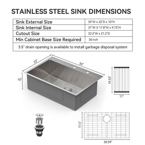Lordear 33 Inch Drop In Kitchen Sink 33x22 Stainless Steel Topmount Sinks 16 Gauge T304 Single Bowl Kitchen Sink With 3mm Thickened Plate Round Corners