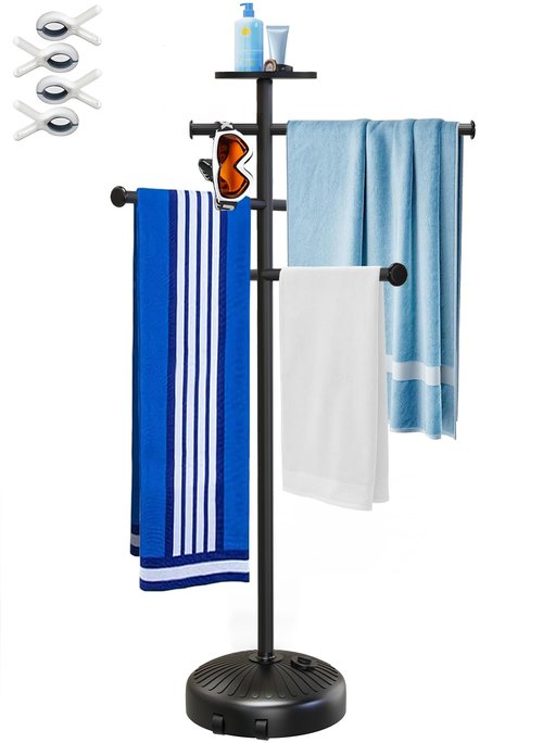 SkylarkJoy 63 Inch Pool Towel Rack with Wheels for Indoor Outdoor Use, Towel Holder with Storage Tray, 6 Adjustable Bars Hot Tub Accessories, Free Standing Towel Rack for Pool, Spa, Hot Tub