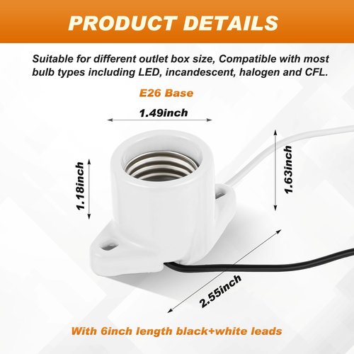 Saysurey 4 Pcs E26 Light Socket Porcelain Lamp Holder Socket Medium Keyless Threaded Base with Two Hole Flange Mounting and 6" Wire Indoor Garage Closet Lighting