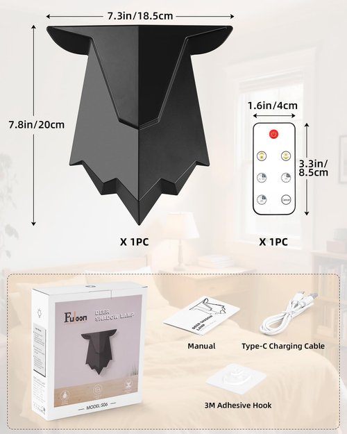 Fuloon Antler Night Light with Remote Control, Adjustable Deer Wall Lamp Battery Operated and Removable Charging for Bedroom, Living Room, Hallway 1PC