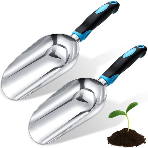 2 Pcs Soil Scoop 13.39 x 3.82 Inch Aluminum Transplanter Trowel Bend Proof Garden Tools Large Heavy Duty Hand Shovel with Comfort Soft Non Slip Grip Handle Garden Gifts for Digging Fertilizer (Blue)