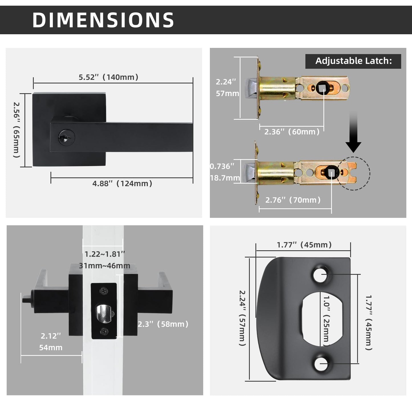 JO.KO Entry Door Lock Set, Square Door Lever for Bedroom, Passage Door Privacy Locking Interior/Exterior Entry Door Knob/Heavy Duty
