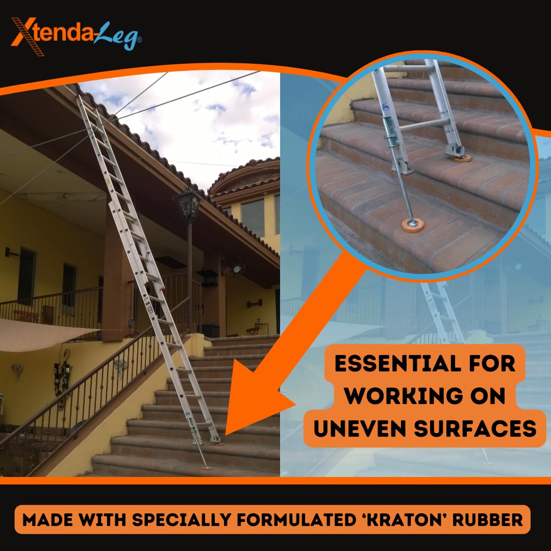 Xtenda-Leg® Ladder Leveler - Rubber Feet, Perfect for Extension Ladders, Stabilizer Attachments for Safe Use - Stable Platform for Uneven Ground - Easy Installation - OSHA Approved