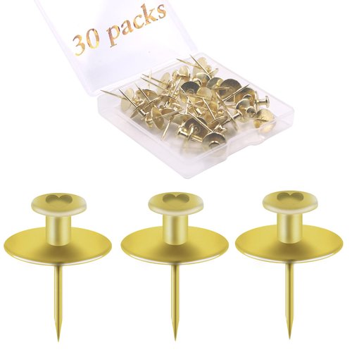 30 PCS Picture Hangers Hooks for Drywall, Double Headed Nails Push Pin Thumbtacks for Wall Hangings Picture, Decorative Small Hook Pins for Cork Board Home Office Photo Decorations (Gold)