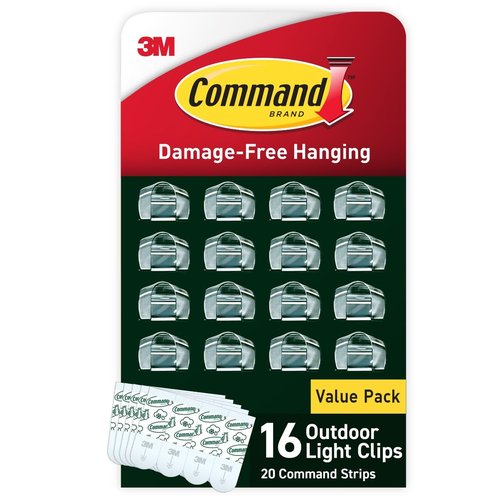 Command Outdoor Light Clips, 4 Pack of 16 Clear Clips and 20 Command Strips, Damage Free Hanging Light Clips with Adhesive Strips, Wall Clips for Hanging Outdoor Lights and Cables Outside