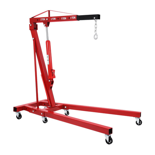 H-YEEU Hydraulic Engine Crane Hoist, 2 Ton Folding Motor Hoist Cherry Picker Heavy Duty Steel 4400lbs Lifting with 6 Casters for Garage Workshop(Red)