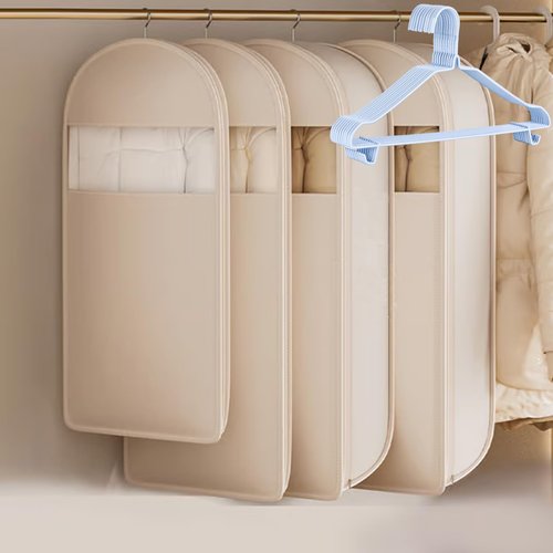 Space Saving Hanging Garment Bag with Self Compression Zipper, Space Saver Closet Organizers, Prevent Dust, No Taste, Space Saving Hanging Protector for Down Coat (Beige, X-Large)
