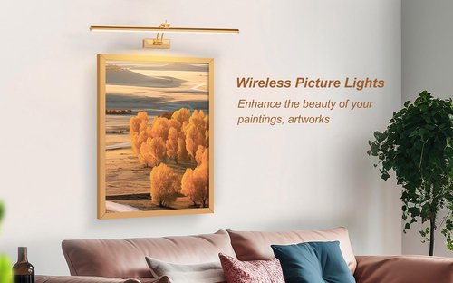 Yuichoy 2 Pack 24 inch Picture Light Battery Operated for Wall, Wireless Display Art Lighting for Painting with Remote, Dimmable 6400mAh Picture Frame Lights for Gallery, Brass