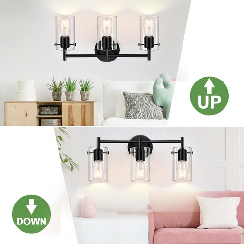 Bathroom Light Fixtures 2023 Upgrade, 3-Light Matte Black Vanity Light, Black Bathroom Lights Over Mirror with Clear Glass Shade, Wall Sconces for Mirror Bedroom Living Room Hallway