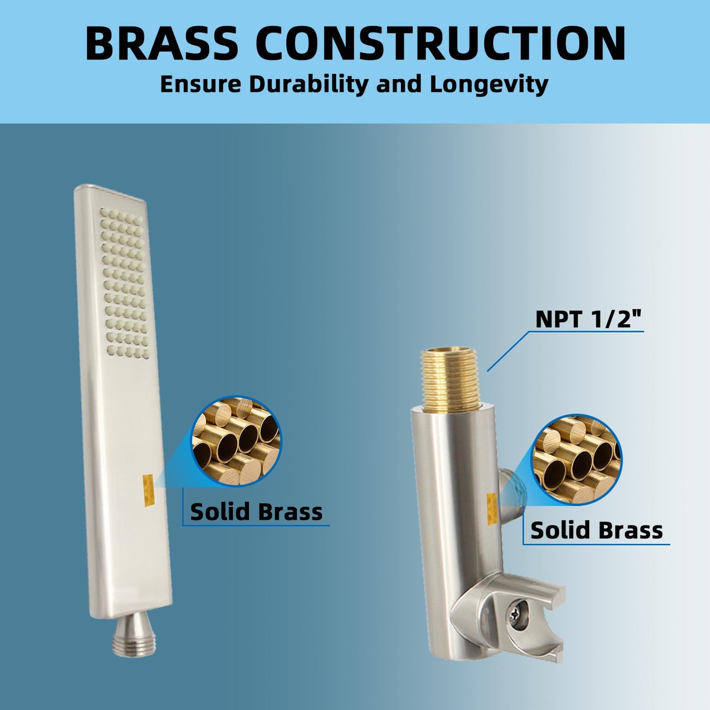 Backnets Solid Brass Handheld Shower Head Arc Design High Pressure Brushed Nickel Hand Shower Wand with Adjustable Supply Elbow Wall Connector Shower Holder and 59″ Stainless Steel Hose Set