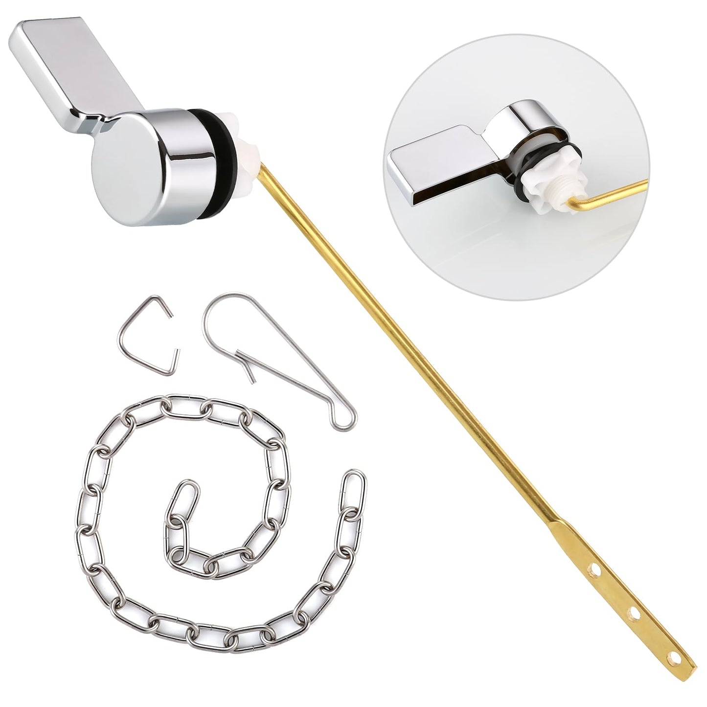 Houtingmaan Toilet Handle Replacement Kit,Toilet Handle Lever for Most Front Mount Toilets, Universal Brass Toliet Flush Handle Lever with Stainless Steel Flapper Chain,Chrome