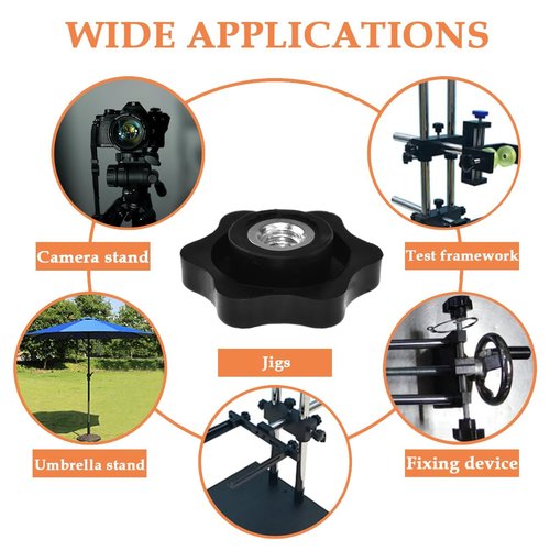 Aifeier ET 4 Pcs 1/4"-20 Inch Knob Black Nylon Screw-On Type Thru Threaded Knob Nuts 6-Star Shape Hand Tighten Clamping Knobs