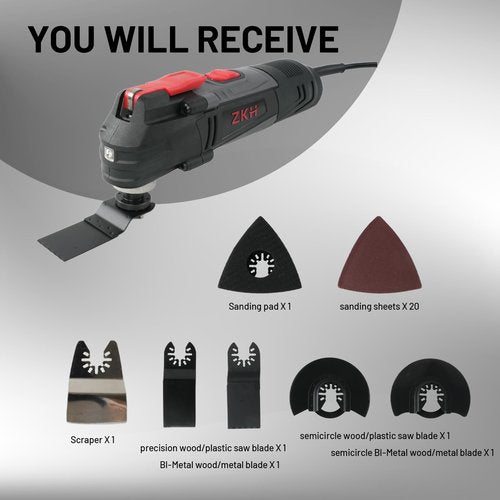 ZKH Oscillating Tool, 3.2 Amp Oscillating Saw, 3.5° Oscillation Angle, 10,000 to 22,000 OPM Oscillating Multi Tool with Tool-Free Blade Change, 26PS Accessories,10 ft Cord, Tool Bag for Sanding