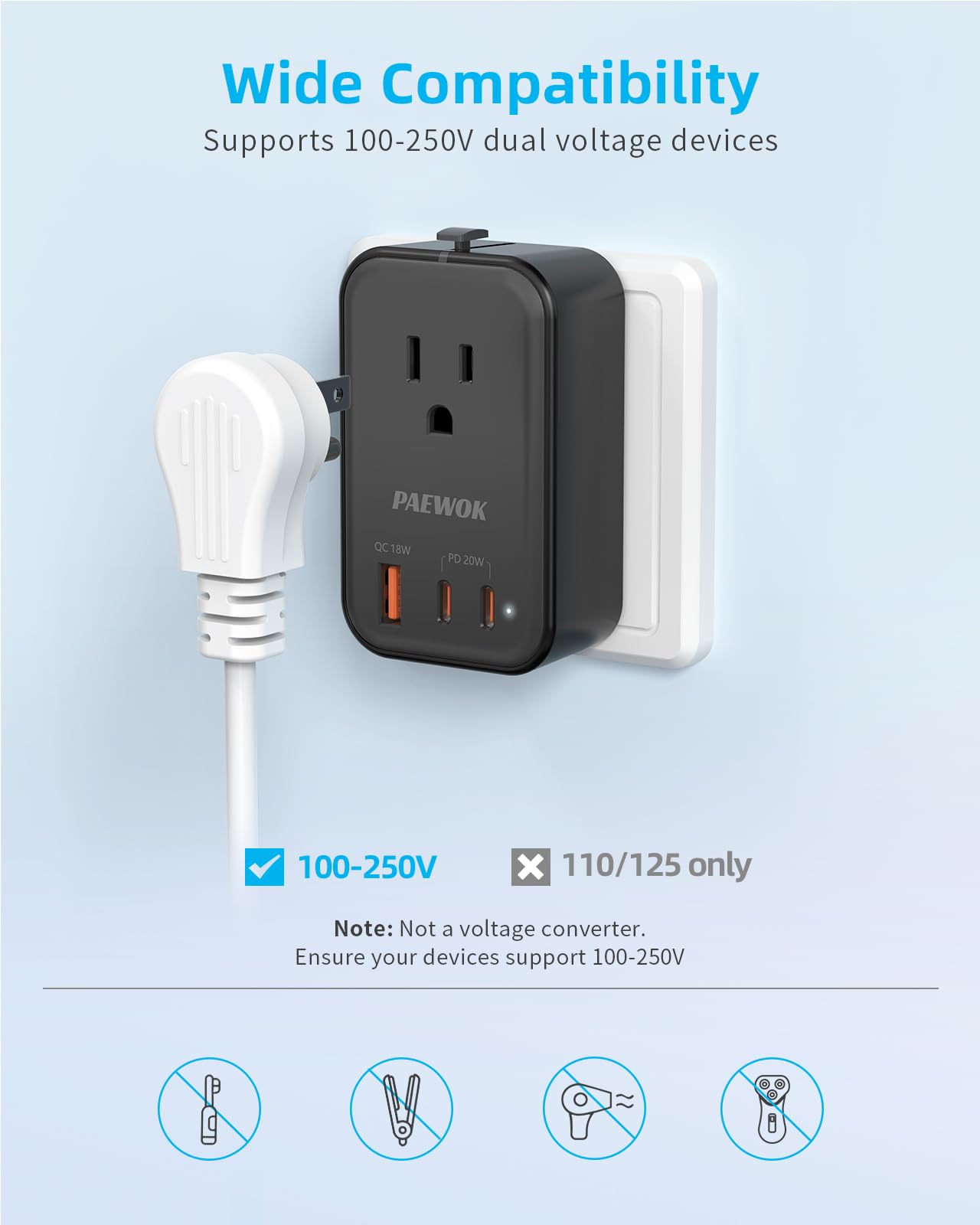 PAEWOK Travel Adapter PD 20W, Mini Universal Travel Adapter with 1 AC Outlet and USB Fast Charging, Ultra Thin International Plug Adaptor for US to European UK Italy Spain New Zealand (Type C G A I)