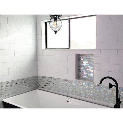 Blujellyfish Glass Metal Tile Iridescent White Glass Silver Mirror Stainless Steel Blends Interlocking Strip Wall Tiles TSTNB01 (Pack of 5 Sheets)