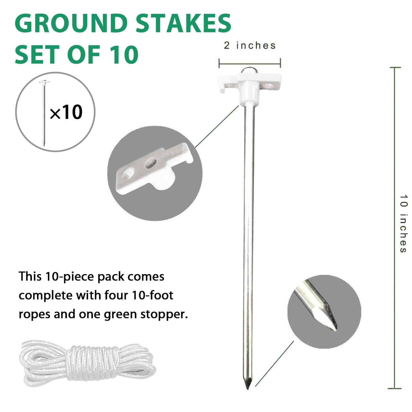 Eurmax USA 10-Pack Secure Protection Galvanized Tent Stakes,Rust-Proof Steel Canopy Anchors for High Winds,Heavy Duty Commercial Ground Pegs for Camping,Pop Up Tents&Gazebos - Includes 4x10ft Ropes
