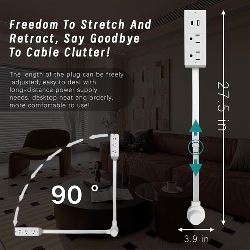 180° Swivel Wall Outlet Extender Stick with 2 AC Plugs & USB-A/USB-C, Extendable Rotating Power Socket Expander (22-34 Inch) for Behind Couches, Furniture - Electrical Plug Extension (1pc)