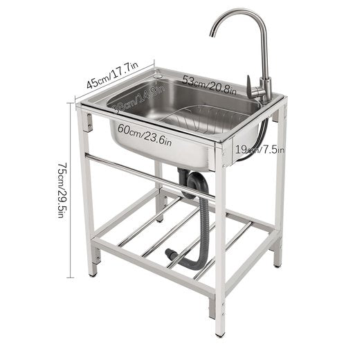 Free Standing Single Bowl Kitchen Sink, 23.6 * 17.7 * 29.5in Stainless Steel Utility Sink with Cold & Hot Tap, Commercial & Home Basin for Kitchen, Bar, Restaurant, Dessert Shop