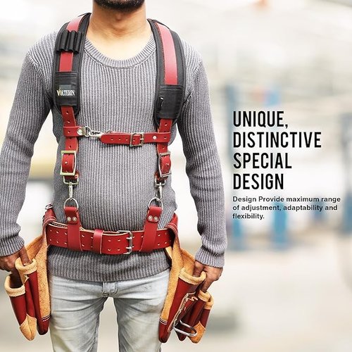 Leather Tool Belt Suspenders for Men – Adjustable Heavy Duty Work Harness with Padded Support for Construction & Electricians (Maroon)