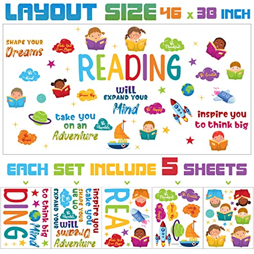 Leinuosen Inspirational Reading Wall Decals for Classroom Kids - 5 Sheets