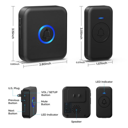FOVKSUC Wireless Doorbell, Waterproof Door Bell with 60 Chimes, 5 Volume Levels & 2 Mute Modes, Loud Doorbells Wireless for Home Classroom Office (1 Receiver & 1 Button, Black, American Plug)