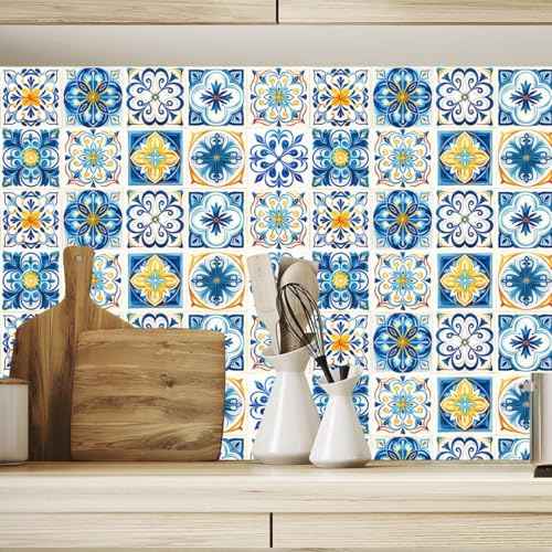Floral Self-Adhesive DIY Stickers Peel and Stick Backsplash Waterproof Wall Art Decals Home Decor in Boho Talavera Moroccan Design, 4x4 Inch