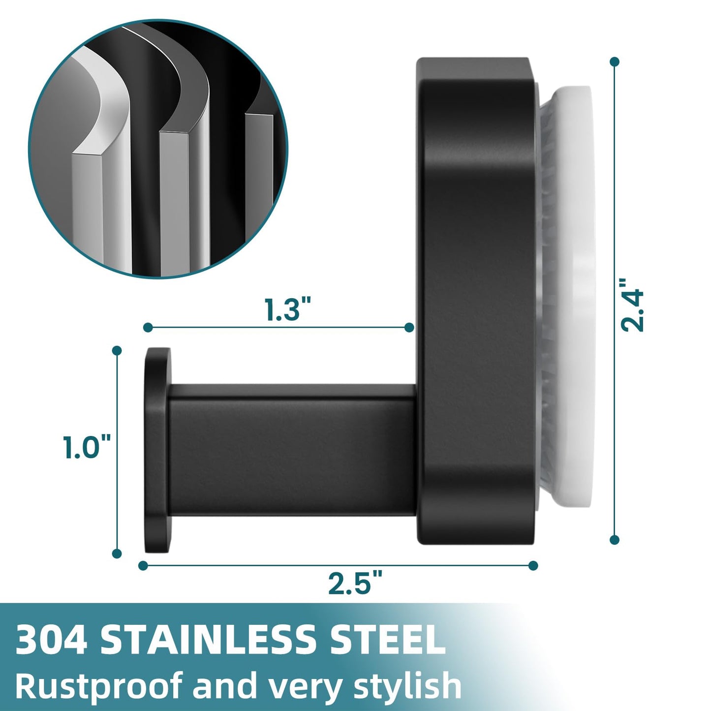 TAILI 304 Stainless Steel Bathroom Suction Hook for Towel, Loofah, Bathrobe, Patented Strong Suction Cup, Damage-Free Hanging Glass Shower Wall Hook, Hold Up to 11 Lbs, 2 Pack, Modern Square, Black