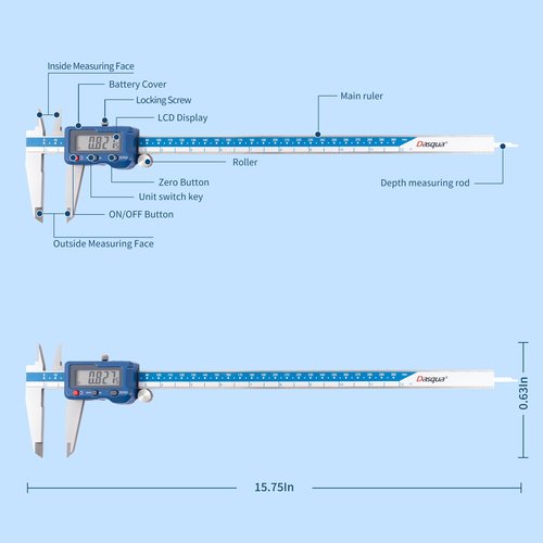 Dasqua High Precision 12 Inch/300mm Electronic Micrometer Digital Caliper Stainless Steel with Large LCD Screen Auto Off Featured Measuring Tool