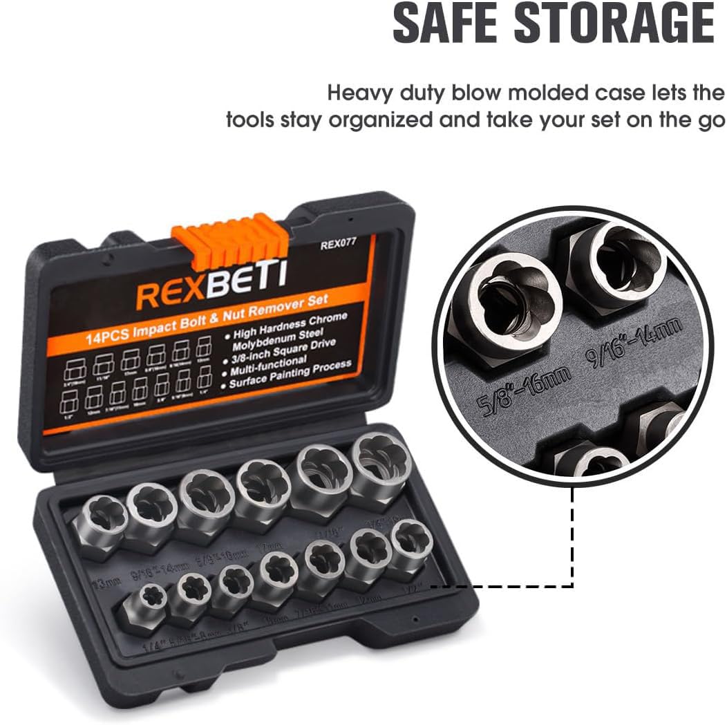 REXBETI Impact Bolt & Nut Remover Set, 13+1 Pieces Bolt Extractor Tool Set with Solid Storage Case