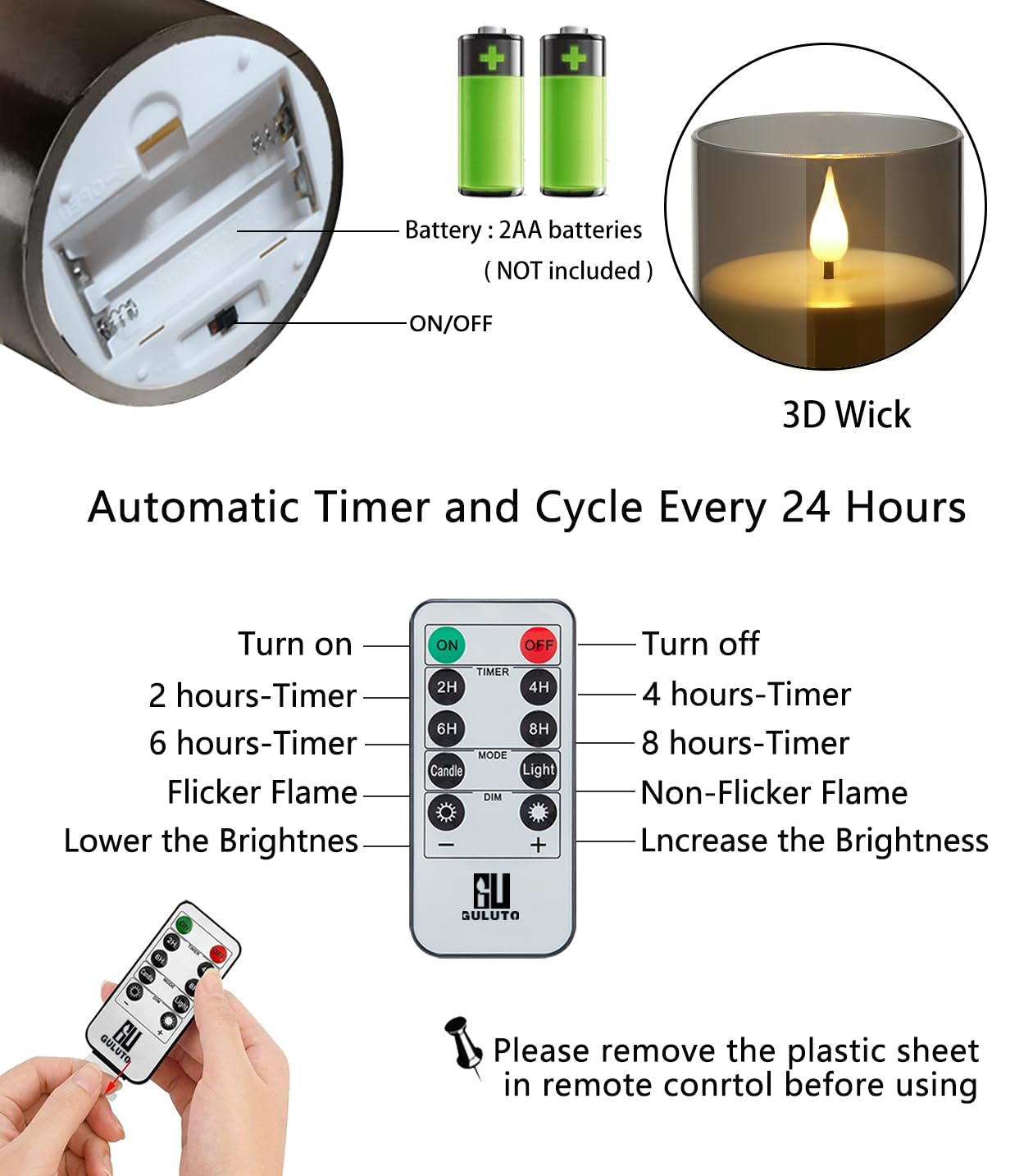 Guluto Flameless Flickering Candles, Non-breakable Battery Operated Candles, D 3" xH 4", Set of 2, Led Acrylic Grey Electric Pillars Candle with Remote and Timers for Wedding Party Romantic Decor